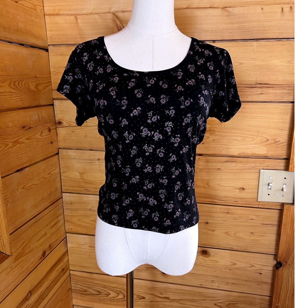 Vintage Baby Tee Size Medium Black Ditsy Floral Scoop Neck Cap Sleeve Jazz Sport